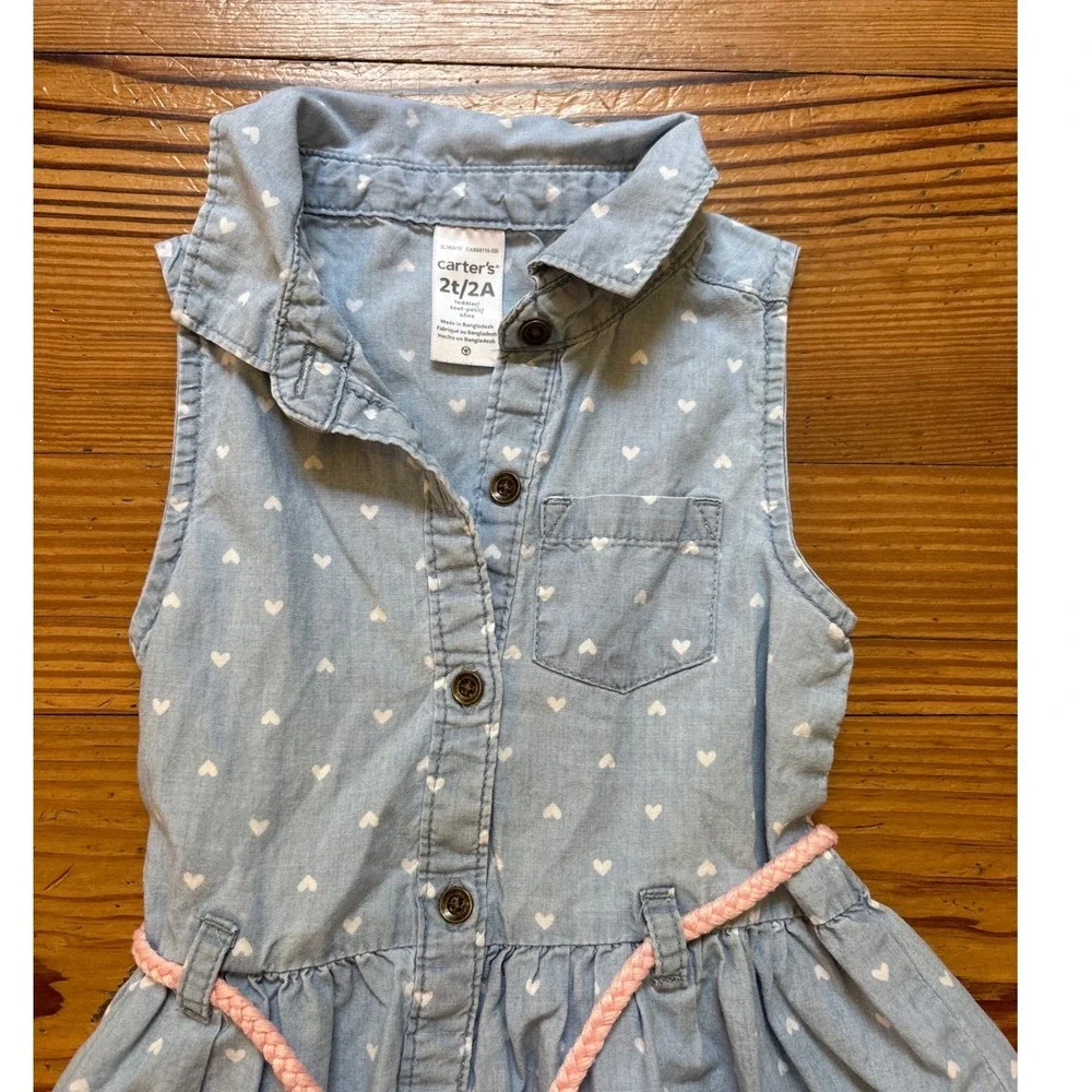 Carter's‎ Shirt Dress Toddler Blue Heart Print Chambray Braided Belt SIZE 2T